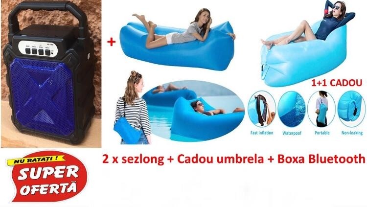 PROMOTIE IMBATABILA! 2 BUCATI SEZLONG GONFLABIL XXL + BOXA BLUETOOTH + CADOU UMBRELA, TOTUL LA DOAR 127.90 LEI!