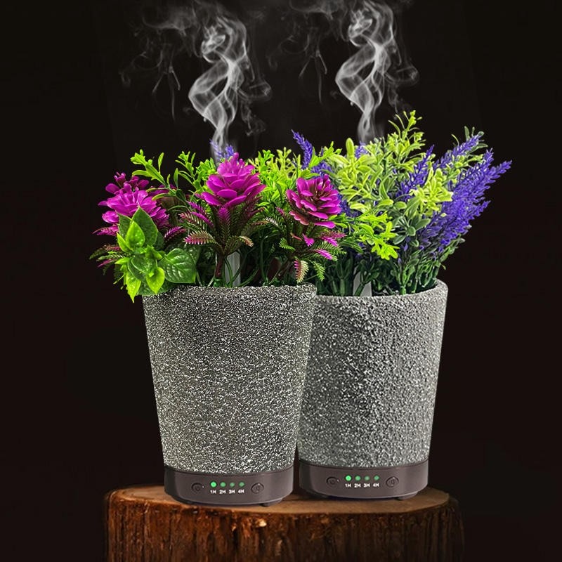 Umidificator aromaterapie in forma de ghiveci cu flori, 7 culori programabil, oprire automata