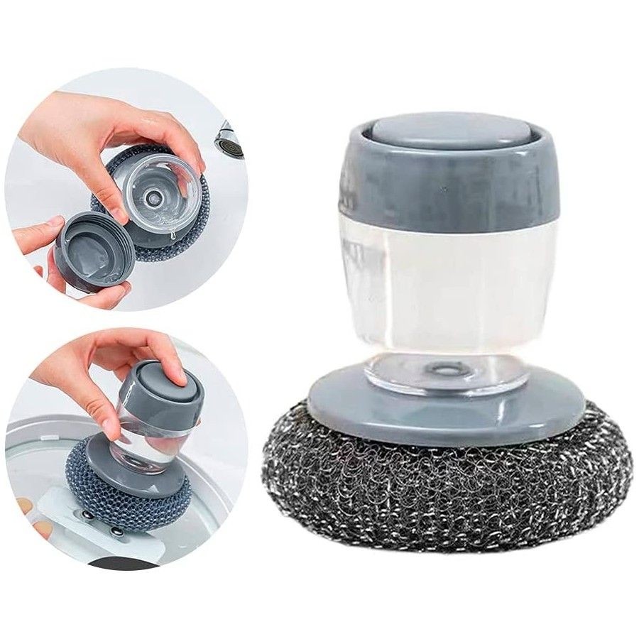 Dispozitiv cu burete din otel inoxidabil si dispenser pentru detergent vase