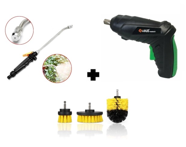 PACHET PROMOTIONAL !! LANCE PRESIUNE PENTRU SPALAT + MINI BOMASINA ELECTRICA 3.6V + SET 3 PERII PENTRU CURATARE, UNIVERSALE, CU ADAPTOR PENTRU BORMASINA