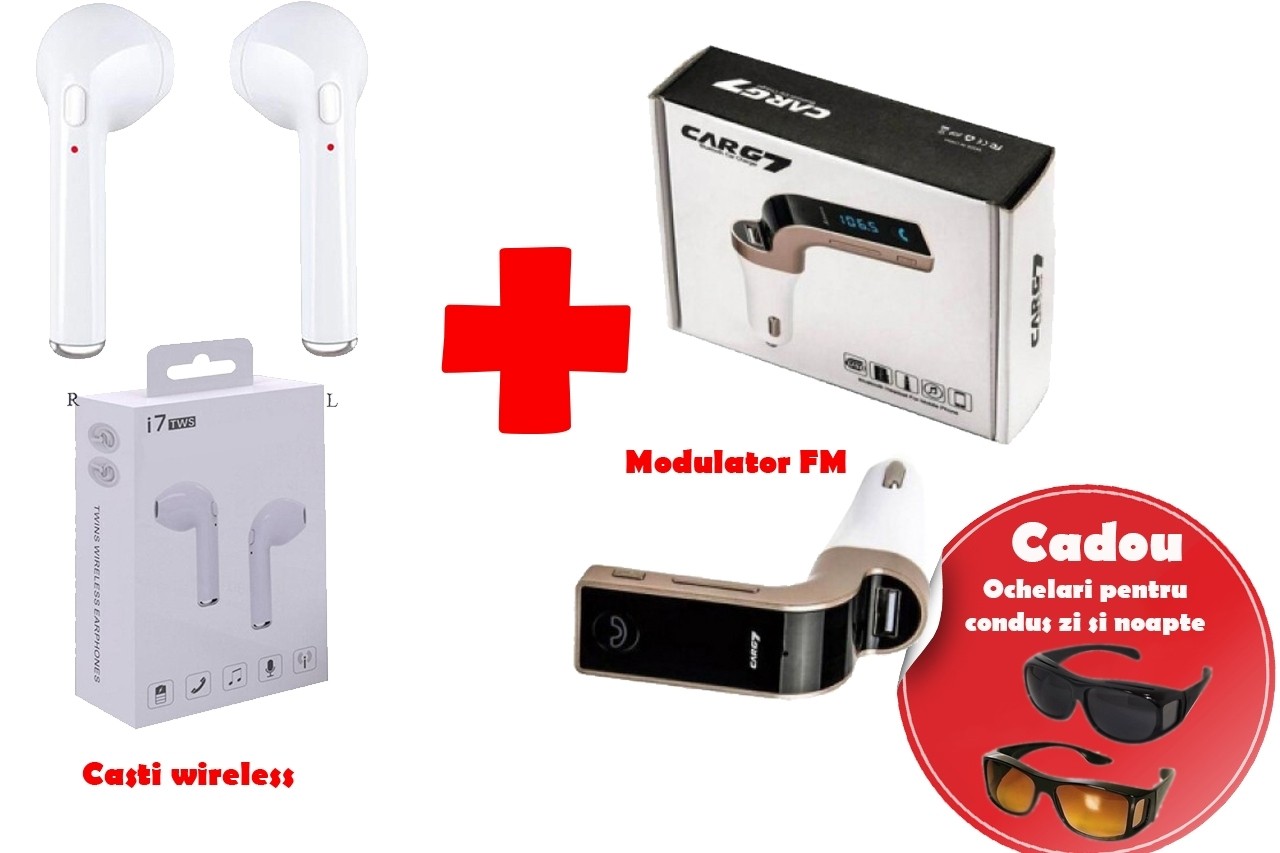 Pachet promotional pentru masina Casti wireless i7s si Modulator FM Bluetooth G7 + Cadou Ochelari de condus zi/noapte HD