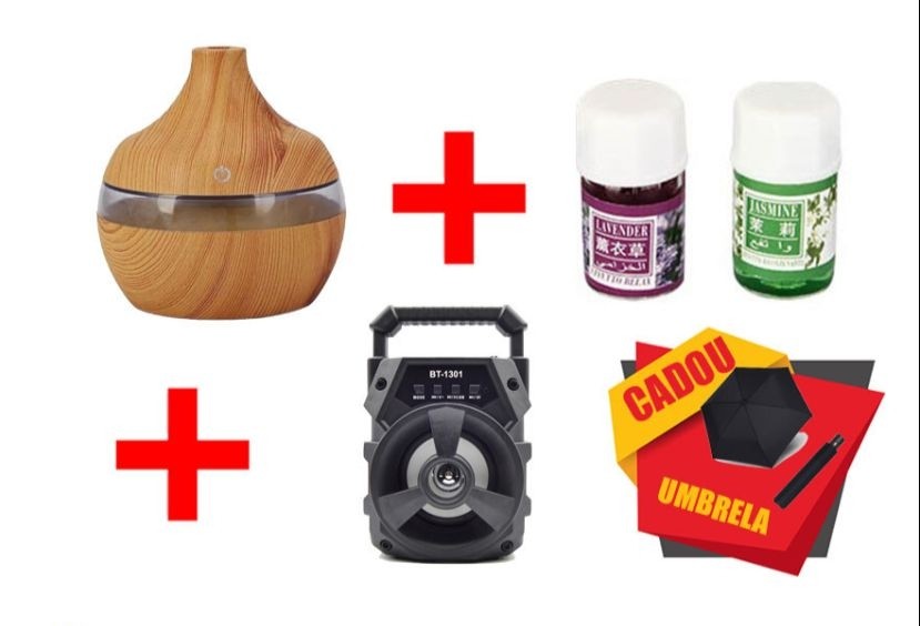PROMOTIE IMBATABILA! UMIDIFICATOR AROMATERAPIE + SET 2 ULEIURI AROMATERAPIE + BOXA PORTABILA + UMBRELA CADOU, TOTUL LA DOAR 99.90 LEI!