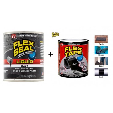 Pachet kit reparatii banda adeziva Flex Tape si adeziv lichid Flex Seal